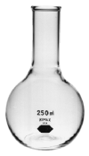 KIMAX BRAND BOILING FLASK, ROUND BOTTOM, SHORT NECK, WITH RING FINISH.  CLICK ITEM FOR SIZES AND PRI