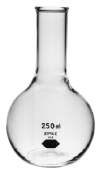 KIMAX BRAND BOILING FLASK, ROUND BOTTOM, SHORT NECK, WITH RING FINISH. CLICK ITEM FOR SIZES AND PRI