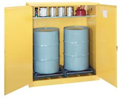 55-Gallon Vertical Drum Storage Cabinet w/2-door manual close and one adjustable half-shelf,59"W x 3